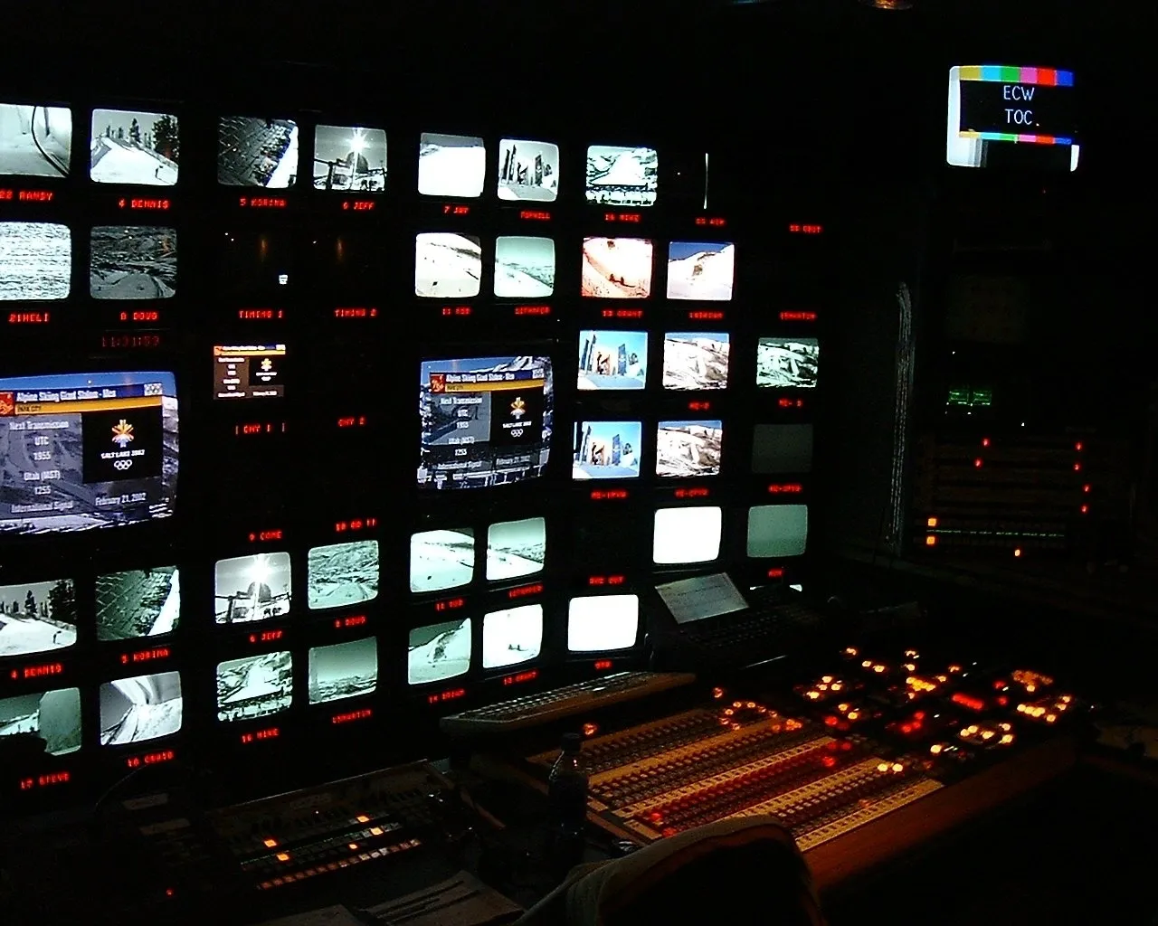 A large television screen with many different monitors.