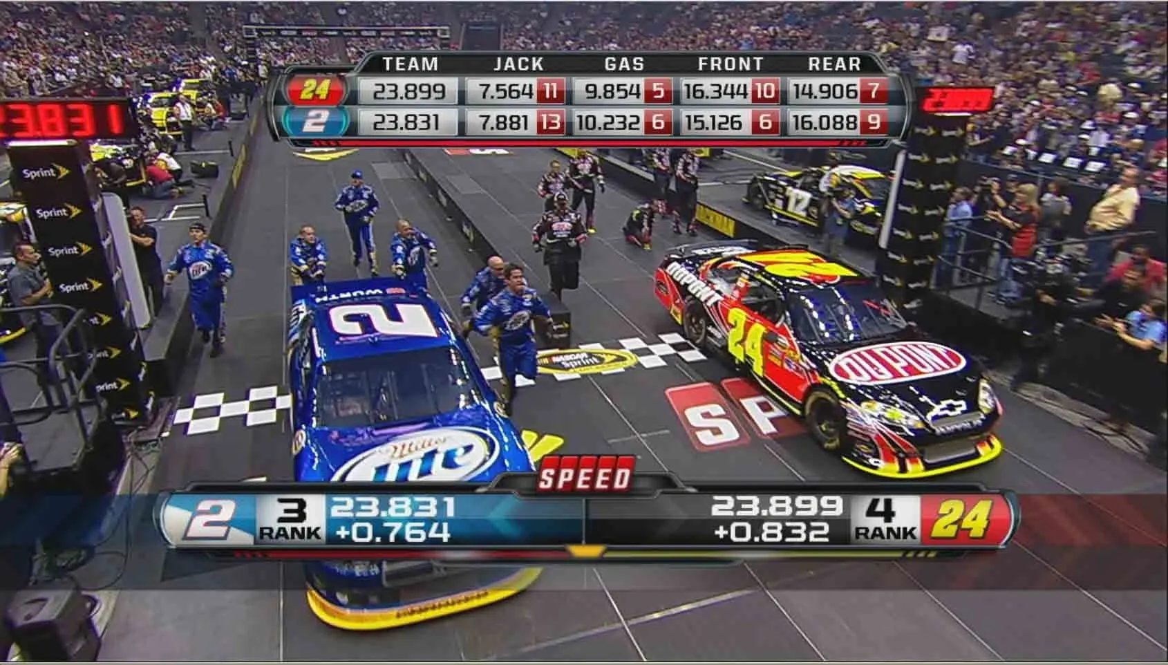 A tv screen showing the race track and pit crew.